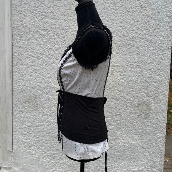 Tripp‎ NYC Vtg y2k Black White Polka Dot Corset Top Women's Size Small Lace Trim - Picture 4 of 12